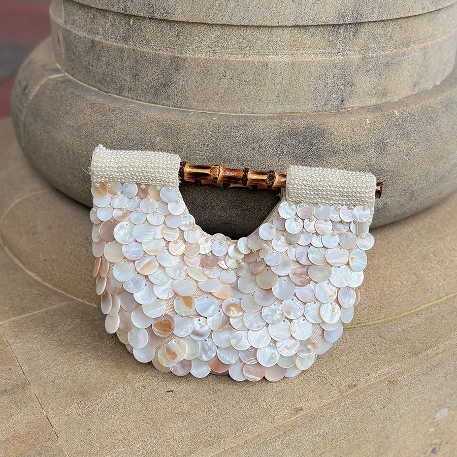 Spring and Summer High-End Pure Handmade Natural Shell Bag Fairy niche Design Beaded Bamboo Portable Girl Bag