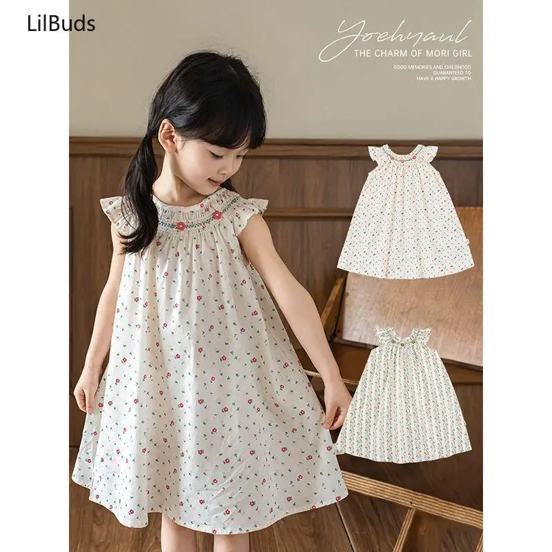 

2024 Floral Printing Smocked Sleeveless Girls Princess Dress Children Daily Clothing Casual Cute Embroidered Summer Matching