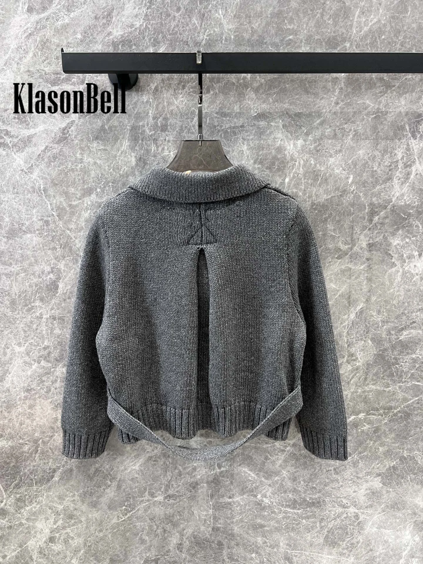 10.16 KlasonBell Fashion Runway Lapel Double Breasted Wool Knit Keep Warm Cardigan Fit Women Sweet All-match Short Coat