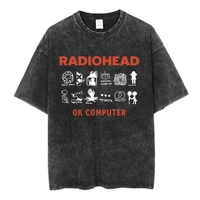Radiohead Rock Band OK ordenador Vintage camiseta lavada hombres mujeres moda Hip Hop camisetas 100% algodón Casual camisetas ropa de calle