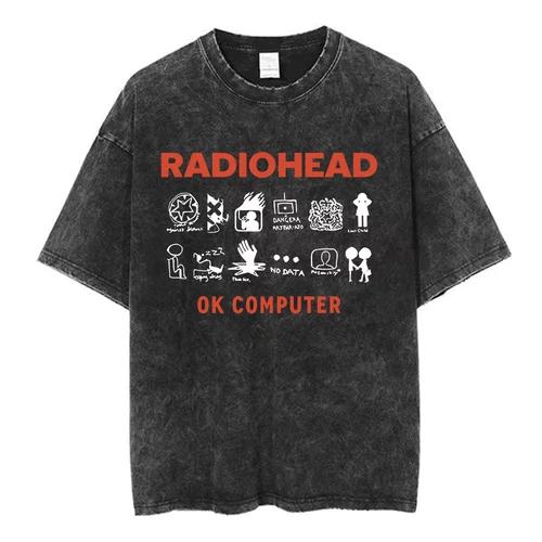 Radiohead Rock Band OK ordenador Vintage camiseta lavada hombres mujeres moda Hip Hop camisetas 100% algodón Casual camisetas ropa de calle