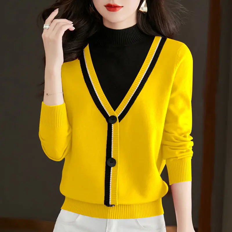 Korean Elegant Half High Collar Contrast Color Knitted Tops Autumn Winter New Fashion Long Sleeve Sweaters Women's Clothing