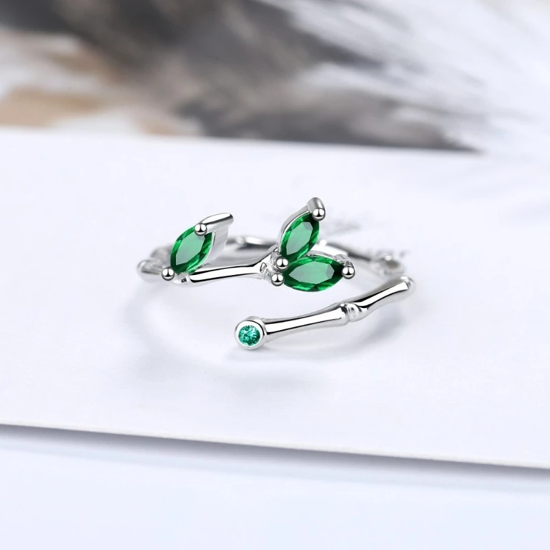 Silver Bamboo Joint Ring Chinese Style Fashionally Simple Bamboo Leaf Zircon Jewelry Gift Elegant Finger Ring for Women