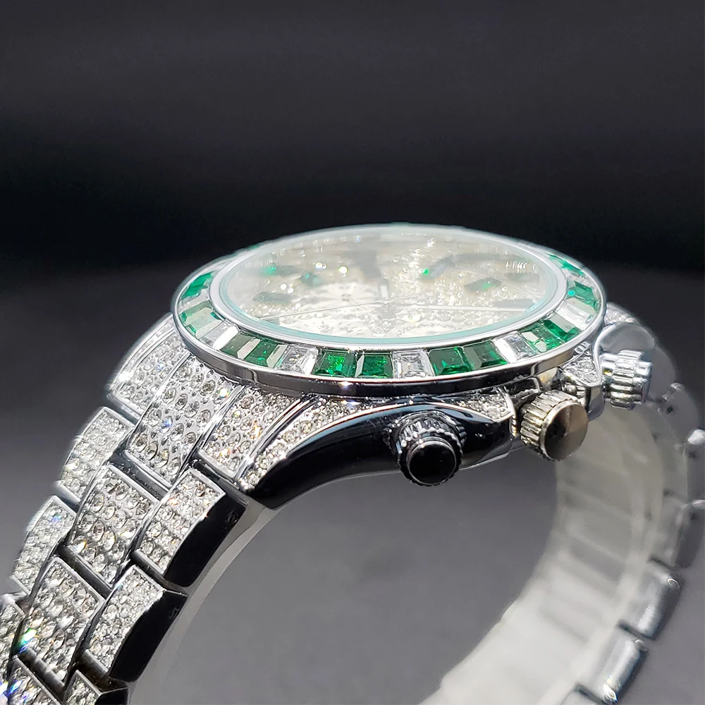 Montre à quartz verte pour homme, montres-bracelets entièrement glacées, affichage de la semaine du calendrier, diamant, Hip Hop, luxe