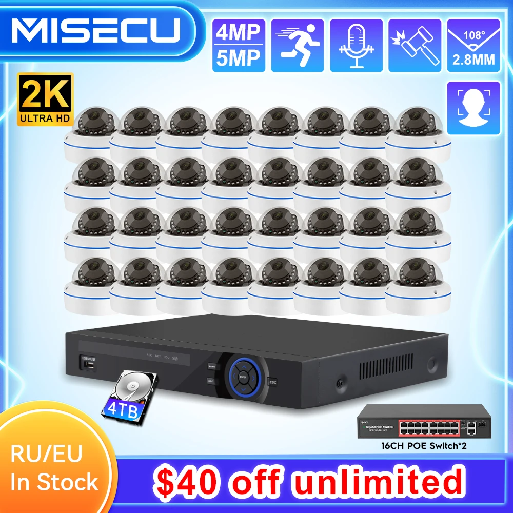 MISECU 돔 IP 카메라 POE 보안 시스템, 얼굴 감지, 실내 방수 녹음기 NVR CCTV 감시 키트, H.265, 32CH, 5MP, 4MP 