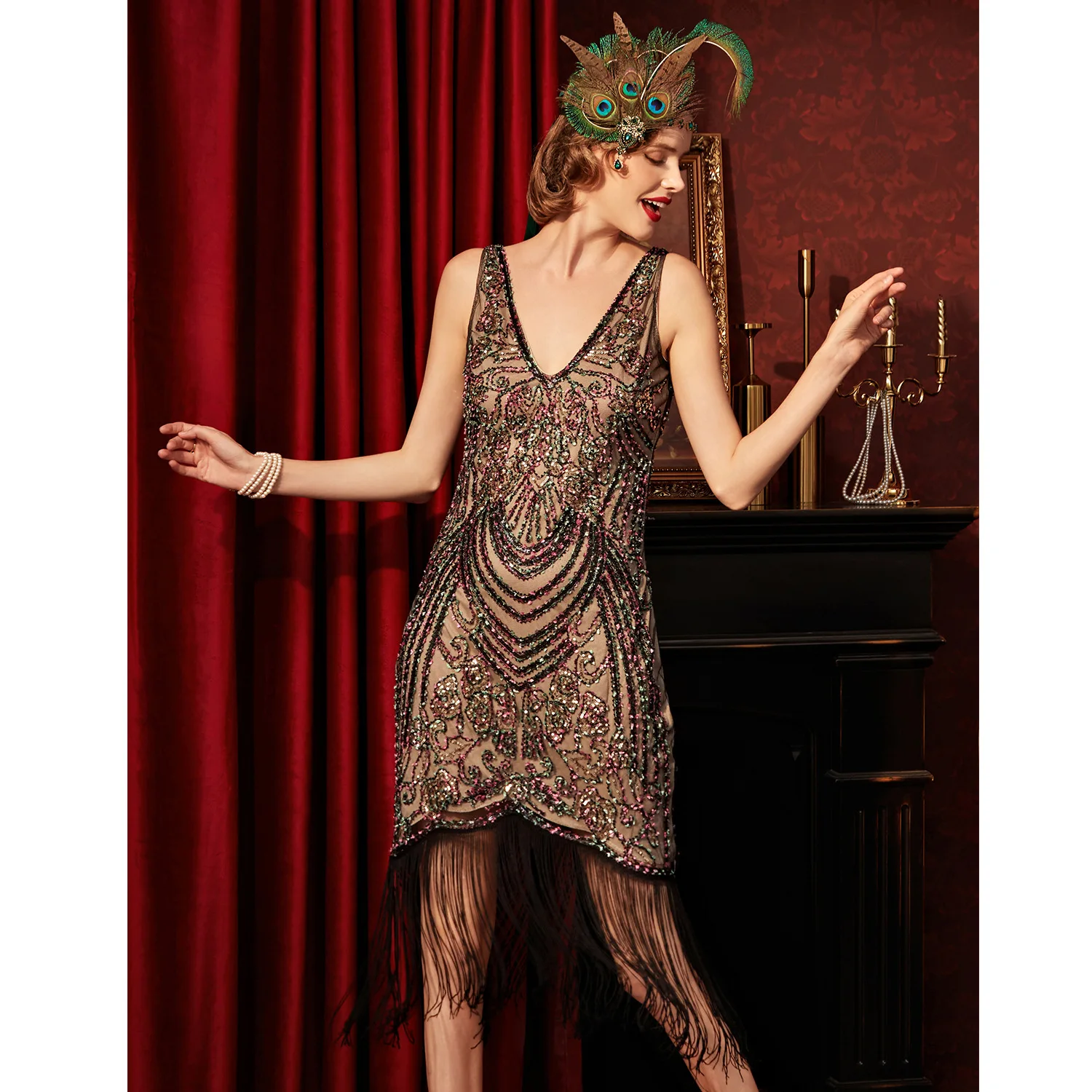 1920s Flapper Retro Makeup Ball V-Neck Luxury Dress Gatsby Party Party Party Sequin Tassel Dress