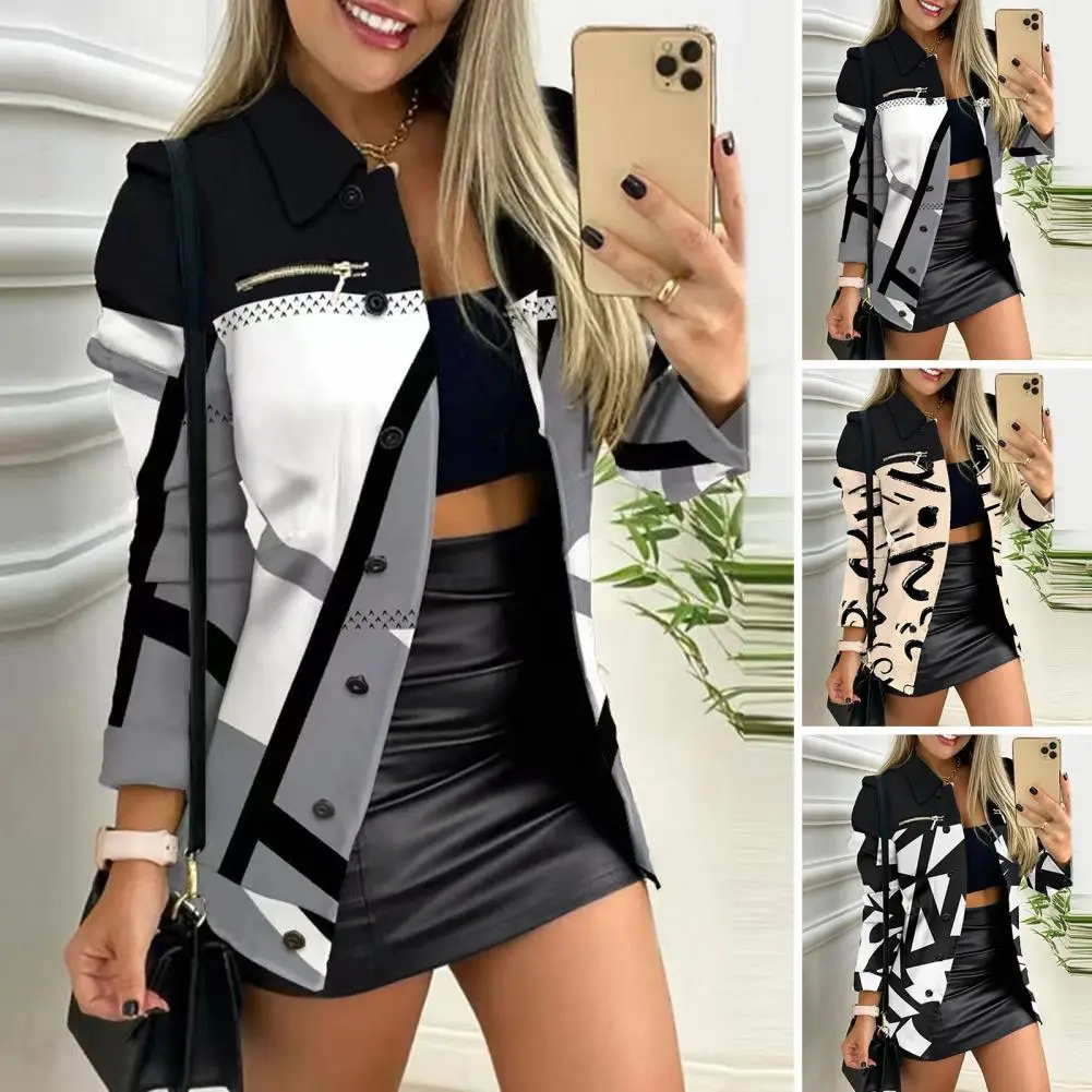 Women Coat Chic Women's Mid-length Jacket Stylish Lapel Single-breasted Buttons Zipper Decor for Fall Spring Contrast Color