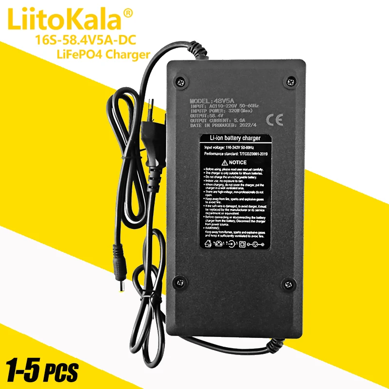 1-5pcs LiitoKala 16S 58.4V 5A Charger Smart Suitable For 16s 51.2V Outdoor LiFePO4 Battery Electric Car Safe And Stable 58.4v 5a