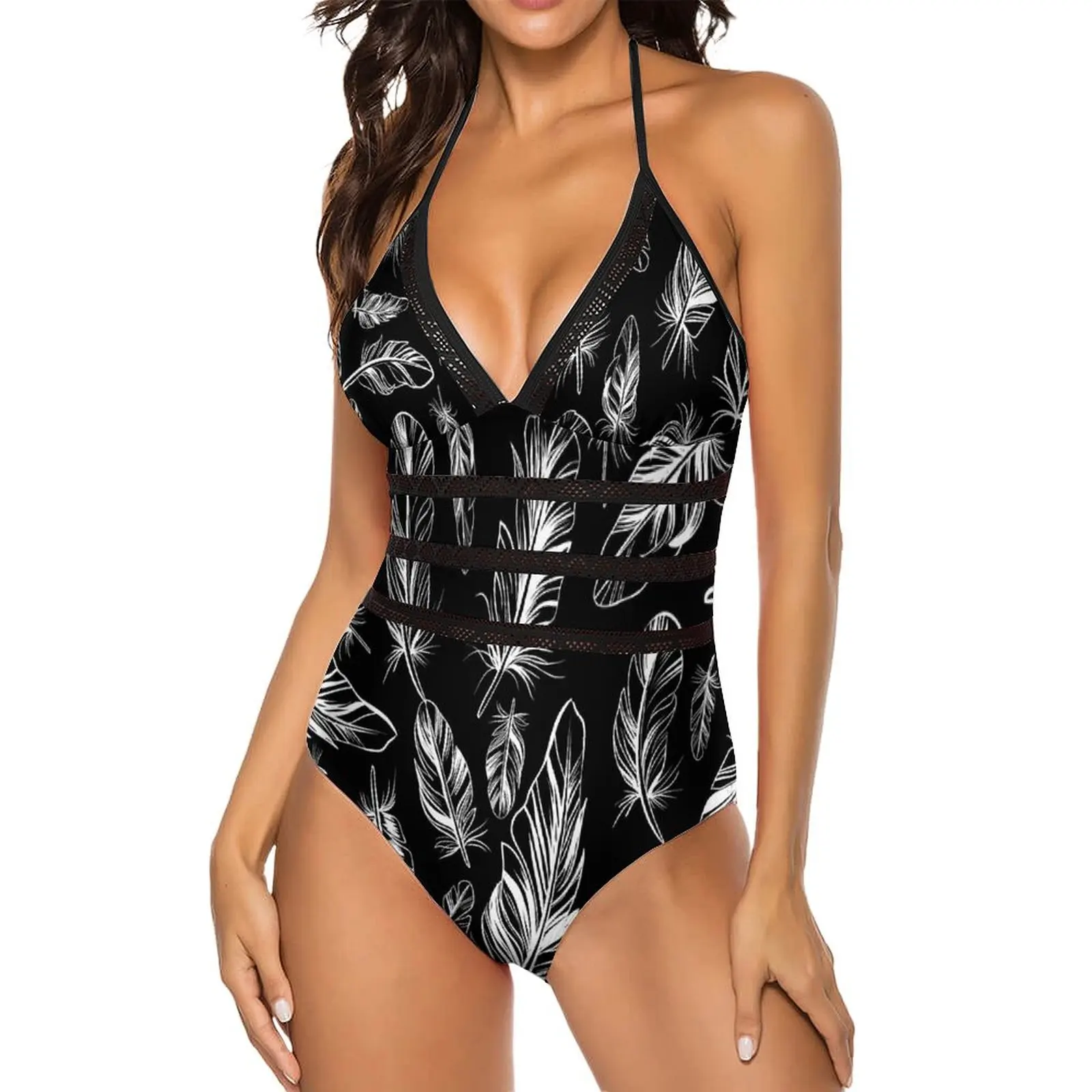 Feather Print Swimsuit Sexy Black and White One-Piece Swimwear Female Push Up Bodysuit Cute Sling Bathing Suits
