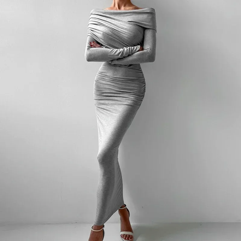 

Elegant Women's Dress Grey Wrap Buttock Long Dress Temperament Warm Tight Line Collar Base Dress 2024 Autumn/Winter Women's Wear
