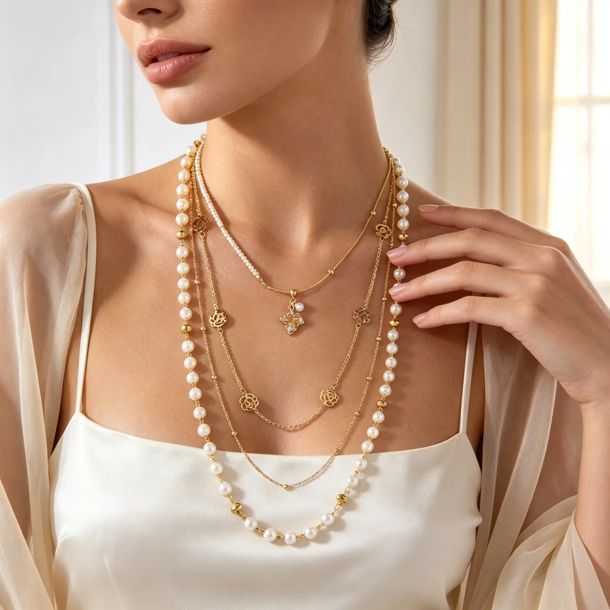 Elegante französische Zirkon-Ahornblatt-Halskette mit hohlen Rosenblüten und simulierten Perlen für Damen und Herren, Ins-Stil, florales Choker-Schmuckstück – Detail 13