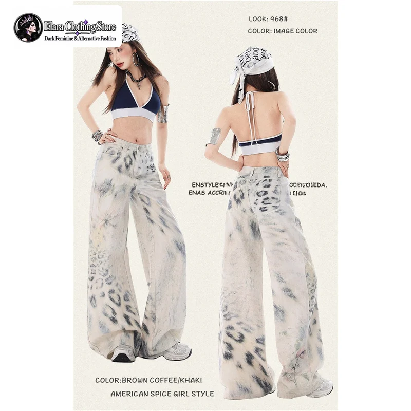 Ladies' Leopard Print Tie-dye Loose Wide-leg Jeans Floor-length Pants That Make You Look Tall and Slim in Autumn and Winter