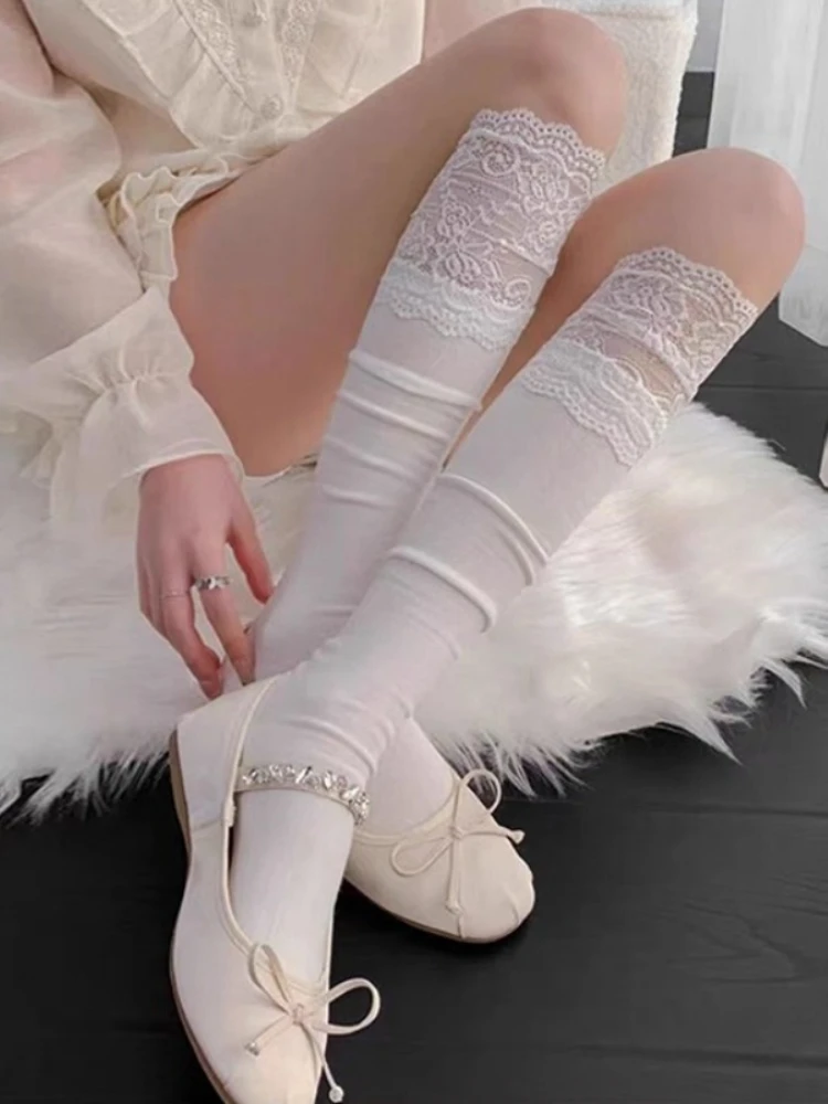 Summer Women's Japanese Style Sheer Lace Ruffled Long JK Calf Socks Balletcore Cos Sweet White Versatile Spliced Knee High Socks