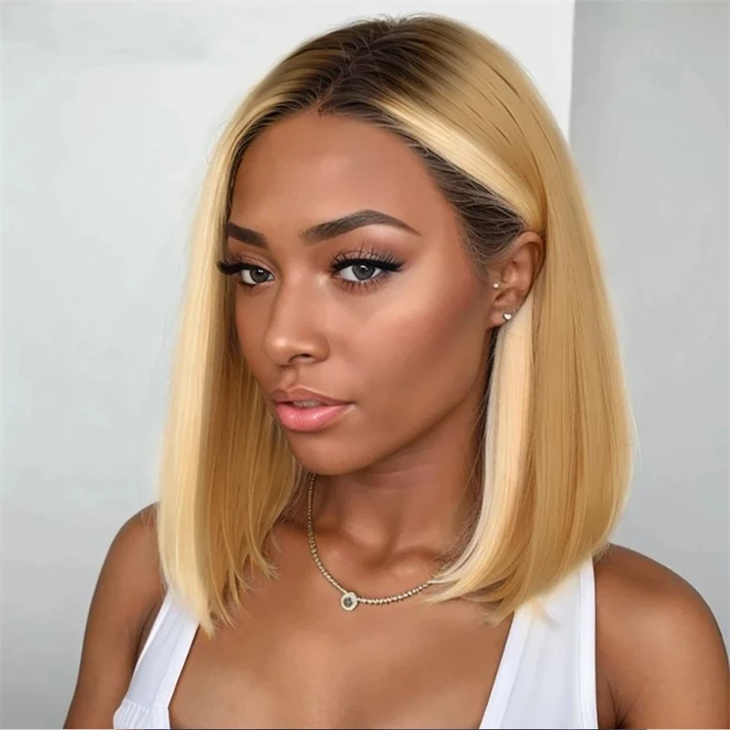 Bob Highlight Human Hair Wigs Straight 12 Inch Short Bob 13x4 Lace Front Wig Human Hair Ombre Honey Blonde Human Hair Bob Wigs