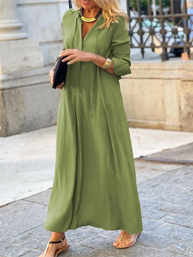 

Autumn Women Long Dress 2024 Fashion V-neck Long Sleeve Casual Shirt Dresses Female Elegant Spring New Loose Beach Clothes Lady