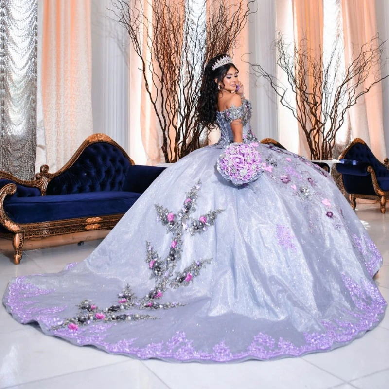 Lorensia Meksiko Lavender Quinceanera gaun manik-manik Sweetheart applique renda bunga Ruffles manis 16 Vestidos De 15 Anos YQD216