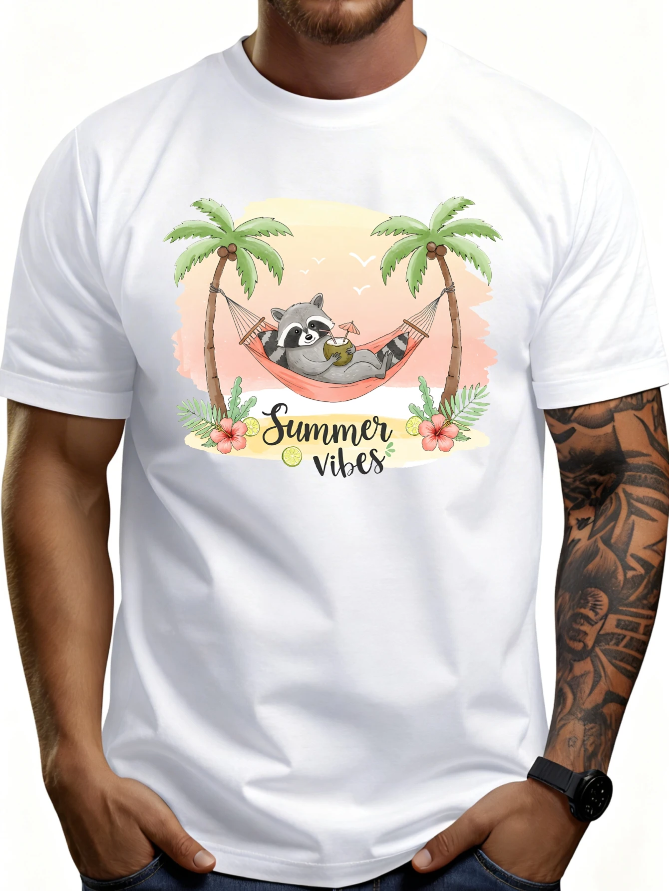 Casual Summer Style Men's T-Shirt Featuring a Raccoon on a Hammock and a Palm Tree Design with a Summer Vibe, Perfect for Beach and Warm Weather Outfits, an Ideal Gift for Him.