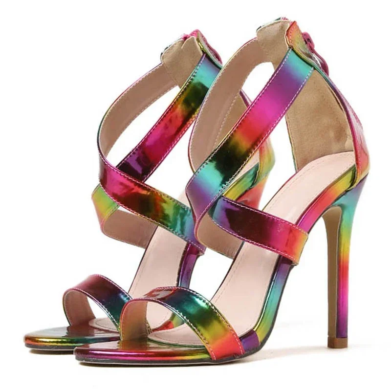 

Aneikeh Summer Fashion Patent Leather Sexy Hollow Out Round Head Thin Heel High Sandals Women Party Pole Dancing Ladies Shoes