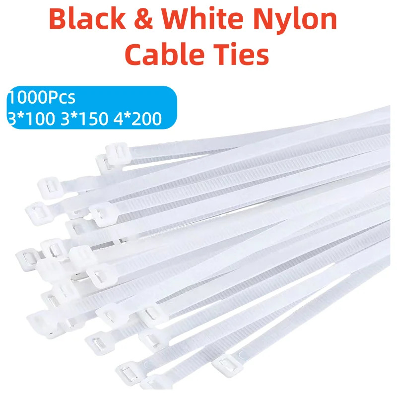 

Black & White Nylon Cable Ties Self-locking Wire Zip Set Ki t 1000Pcs 3*100 3*150 4*200 Industrial Supply Fasteners Cable Tie