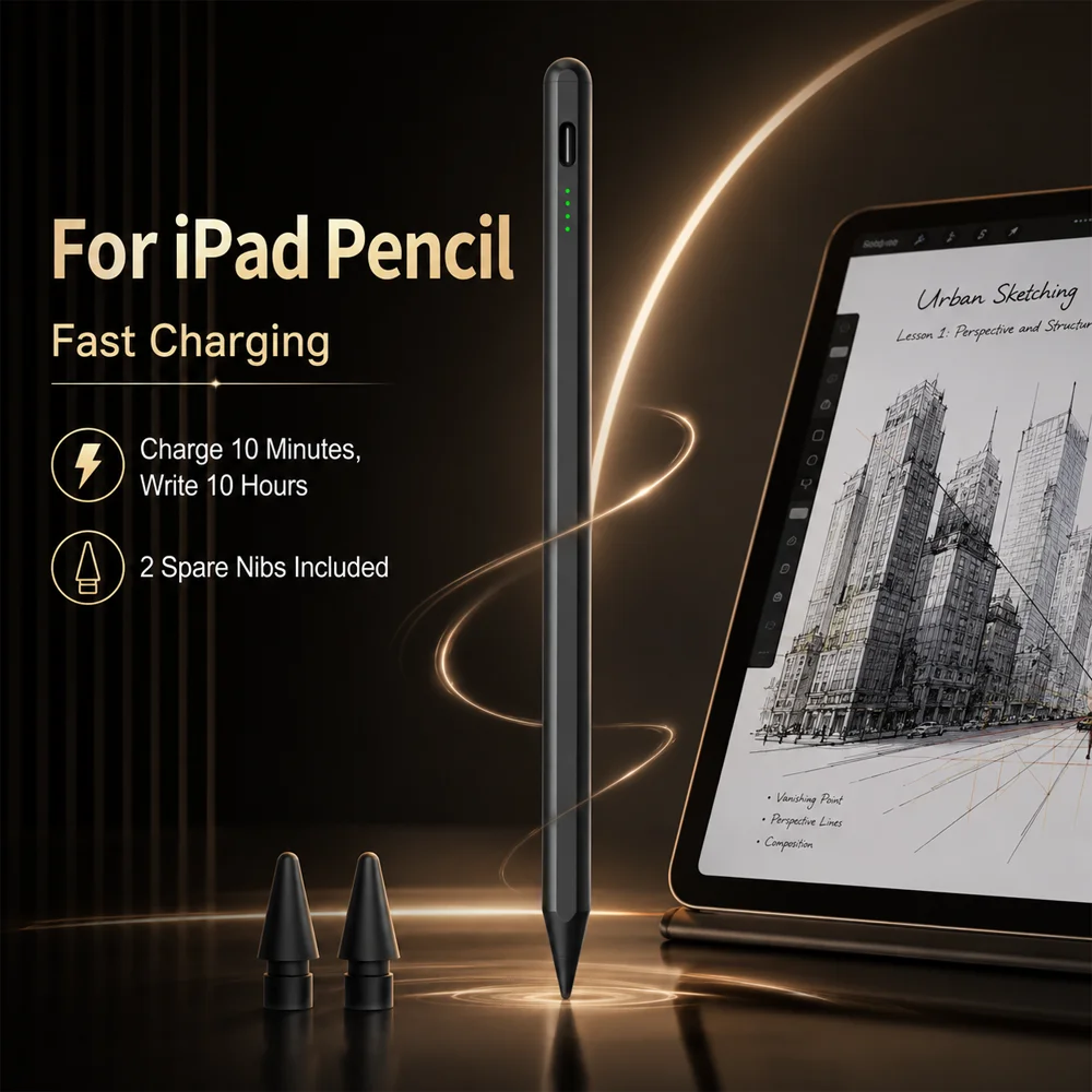 For iPad Pencil Fast Charging Stylus Pen Palm Rejection Tilt Magnetic Black 10Min Charge 10H Write 2 Nibs for iPad Pro Air Mini