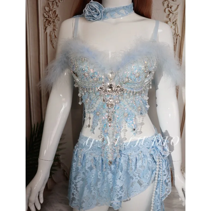 Customized Blue Trampoline Electronic Syllable Music Festival Set EDC Bra+pants Skirt Bar Performance Dance Costume