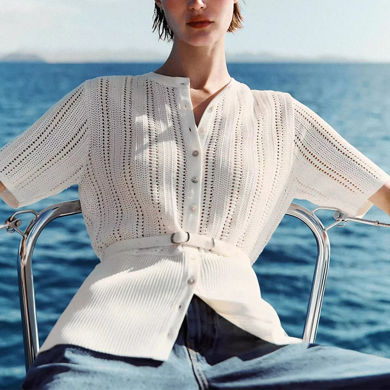 Letnia dzianinowa kurtka damska z paskiem, ażurowa, z włókna poliestrowego, dekolt w serek, krój regularny, do pracy, elegancka, Z