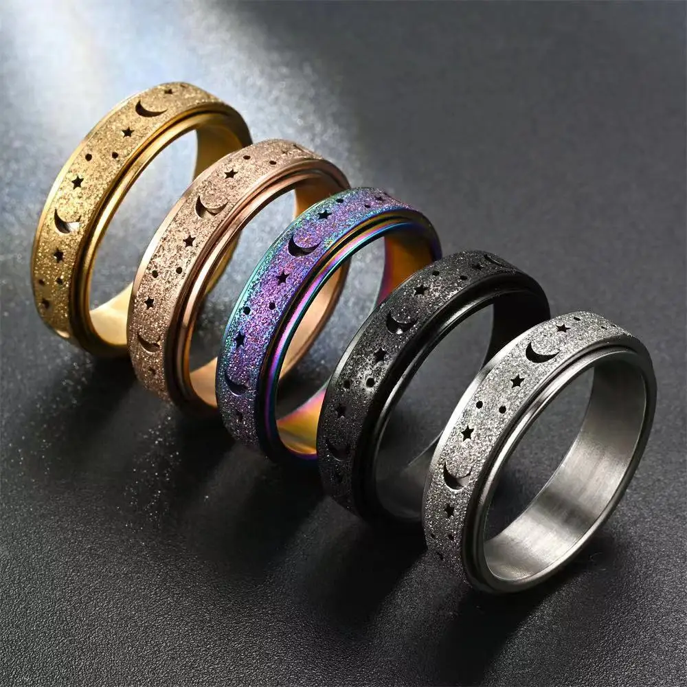 Stainless Steel Spinner Ring Anxiety Rings For Women Men Hollow Star Moon Rotatable Frosted Ring Fidget Ring Stress Relief Rings