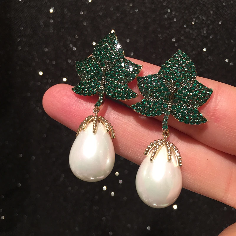 Romantic Maple Leaf CZ Pearl Chandelier Earrings Gold Tone drop earrings trendy Bridal Formal Jewelry
