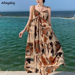 Vintage Sleeveless Dresses Women Holiday Elegant Bohemian Printed Spaghetti Strap Midi Y2k Dress Popular Summer Beach Casual