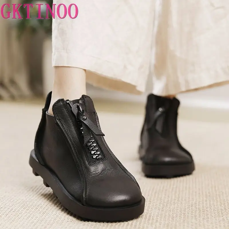 

GKTINOO 3.5cm Natural Genuine Leather Ankle Booties Soft Soled Loafer Autumn Platform ZIP Wedge Flats Comfy Spring Women Shoes