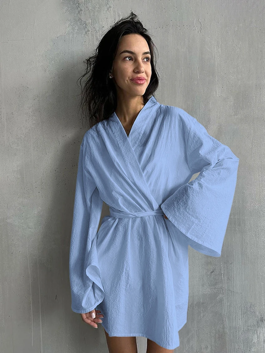 Marthaqiqi Cotton Spring Female Pajamas Long Sleeve Robe Sexy V-Neck Sleepwear Lace Up Bathrobe Casual Solid Home Clothes Women