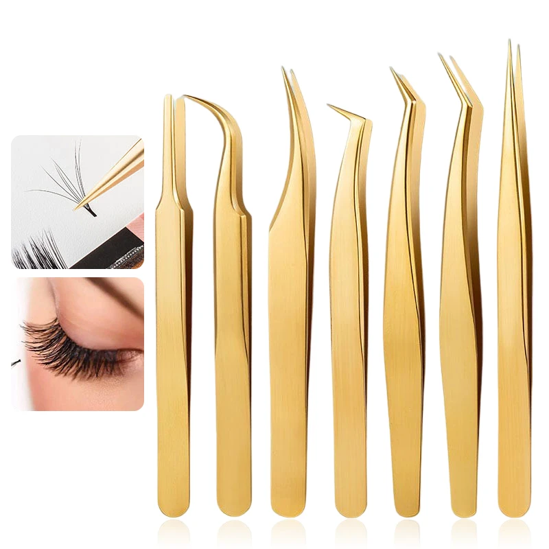 1PC Eyelash Extension Tweezers Lash Tweezer Applicator Extension Supplies Volume Professional Eyebrow Eyelash Gold Tweezers