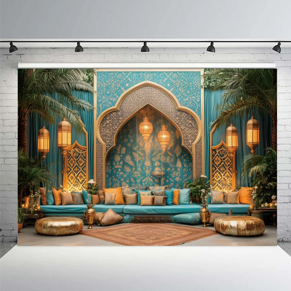 Ramadan Mubarak Party Backdrop Eid Al-Adha Arab Karim Islam Muslim Golden Lantern Flowers Baby Bath Cake Smash Photo Stall Props