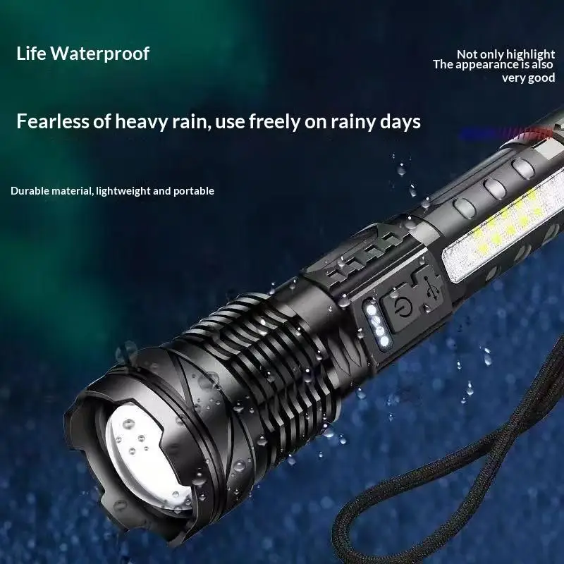 Waterproof XHP50 LED Flashlight 7 Modes with Side Light Rechargeable 18650 Torch for Outdoor Survival Kits