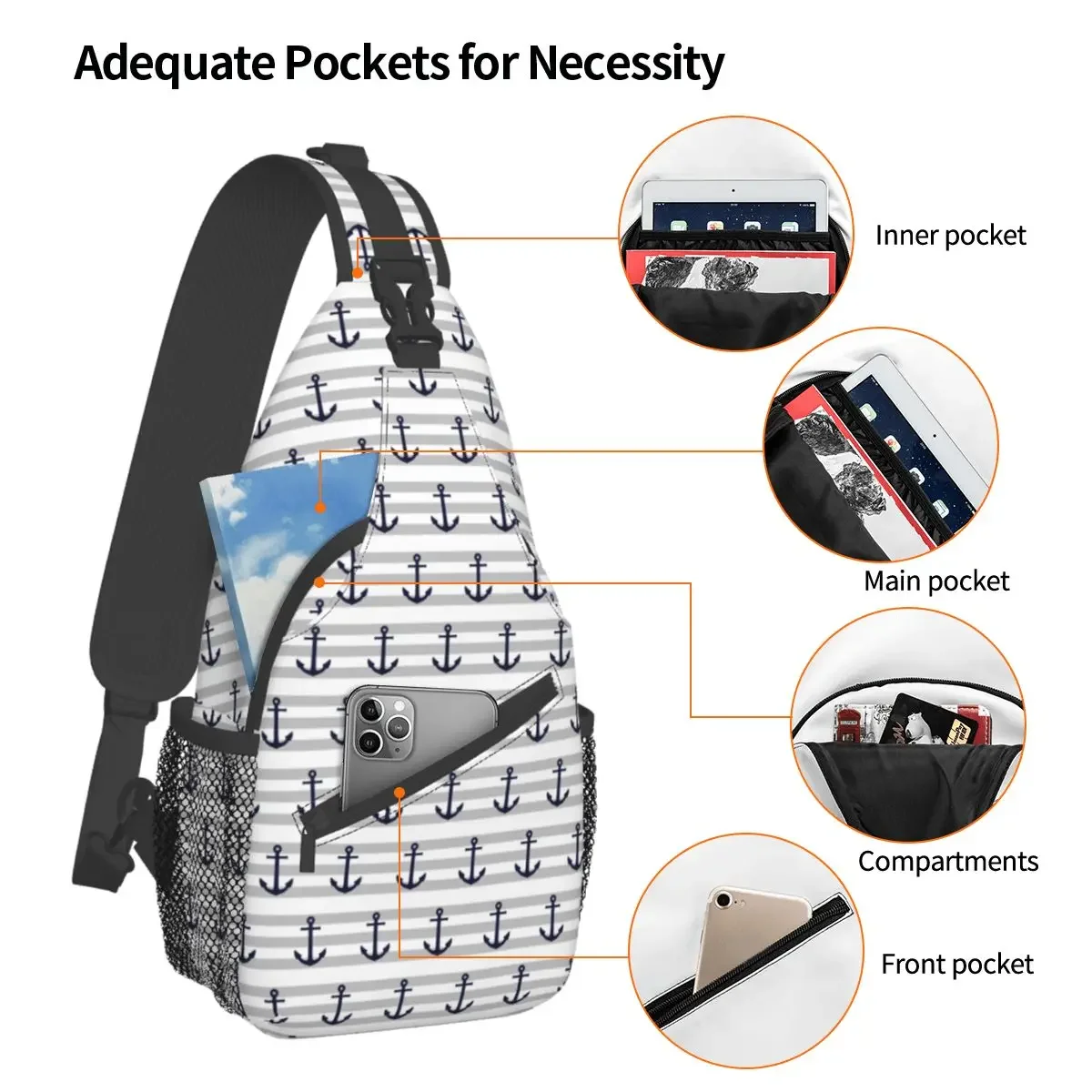 Nordic Geometric Nautical Small Sling Bags Chest Crossbody Shoulder Sling Backpack Outdoor Hiking Daypacks Anchor Navy Stripes