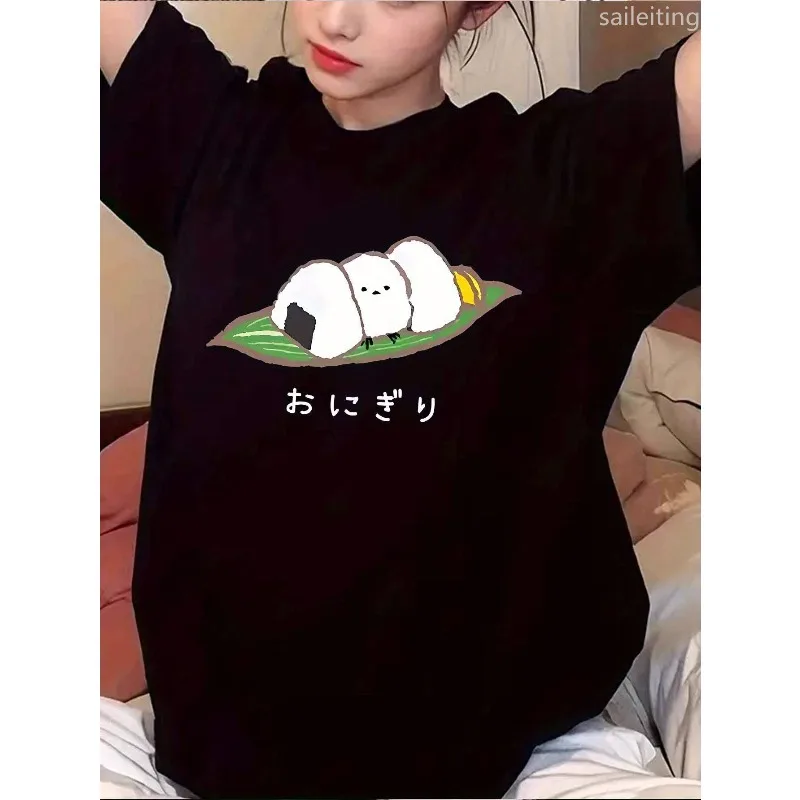 Women's Cute Rice and Vegetable Roll Pattern T-shirt Summer Casual Homespun Sleeve Casual Women's Street Aesthetic Clothing
