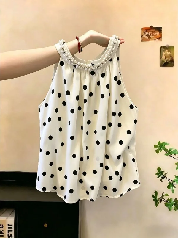 

Outlet Store Pearl Polka Dot Chiffon Top Women's Anti-Aging Slimming Elegant Small Shirt French Style Loose Fit Summer Fashion