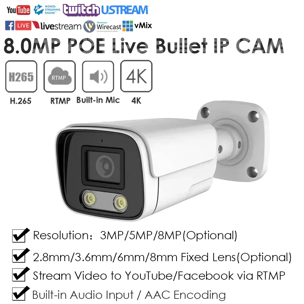 POE IP Camera 4K 8MP RTMP CCTV Live Streaming Push Video To YouTube/Facebook Security Onvif Outdoor Human Detect Built-in MIC