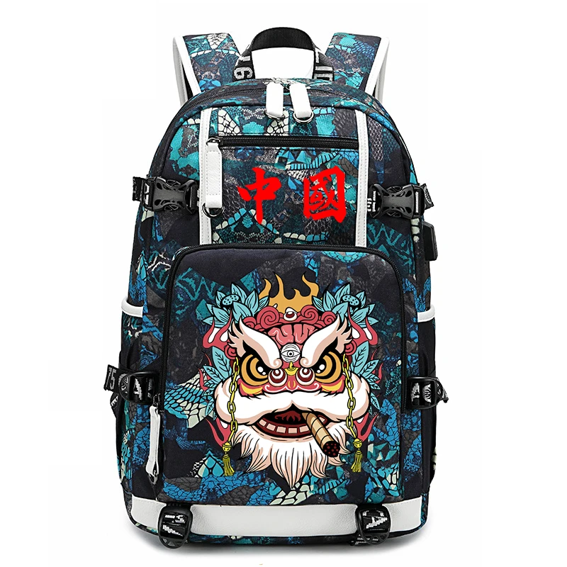 Chinese wind lion dance schoolbag backpack schoolbag pupils boys and girls lighten the burden.