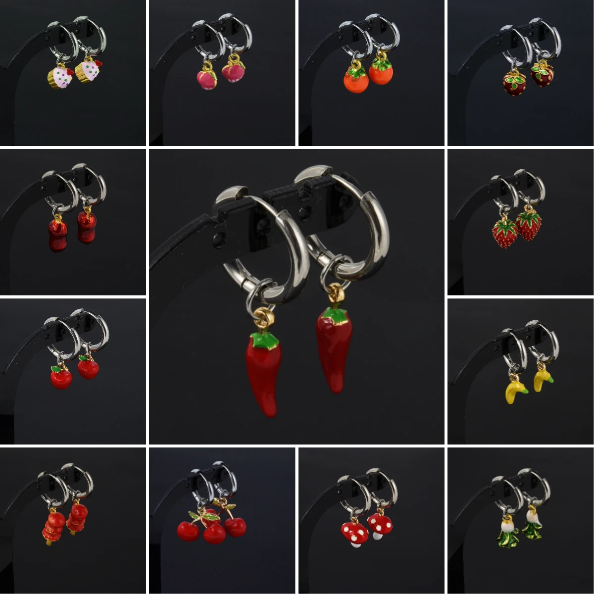 1 Pair Fruit Food Pepper Mushroom Peanut Cherry Banana Apple Strawberry Pendants Charms Hoop Earrings Women Girls Lovely Jewelry