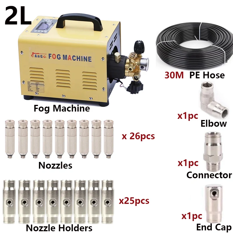 

2L High Pressure Mist Pump Fog Machine Spray Kit with 30M Tubes +3/8'' Quick Connection+ 26Pcs Threaded Nozzles For Cooling