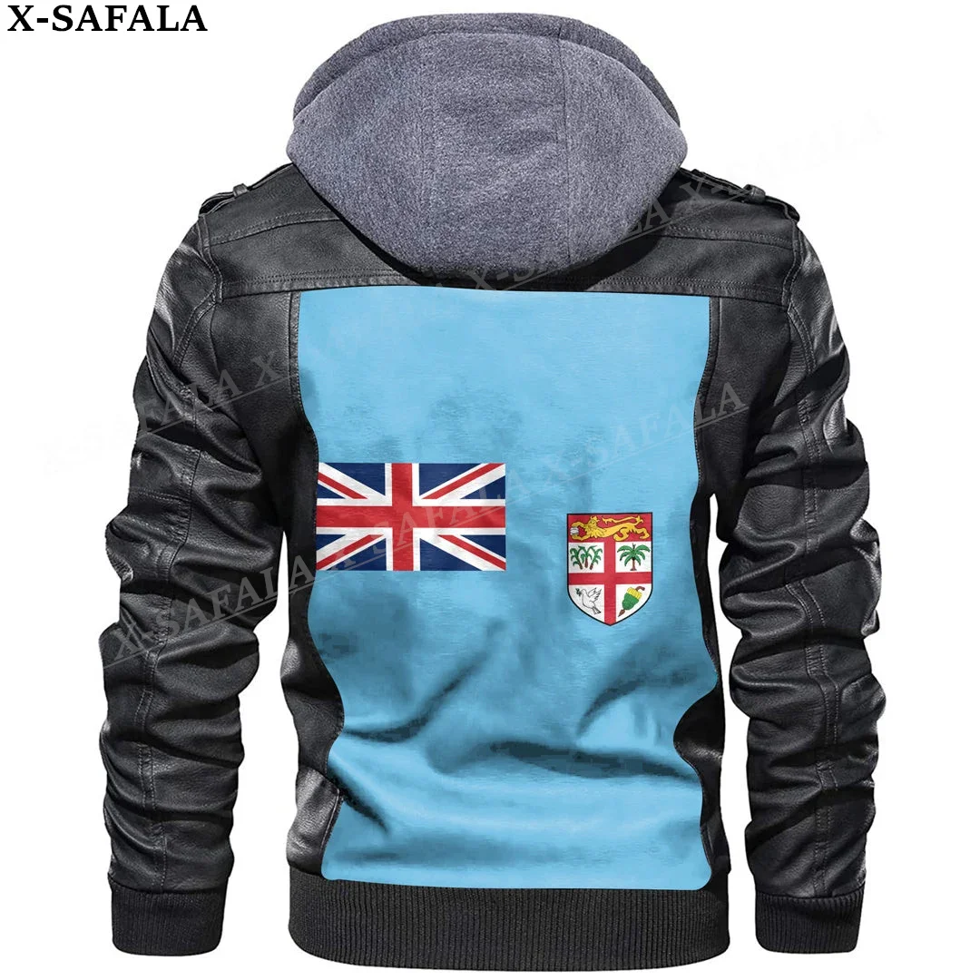 

Fiji Country Flag Leather Jacket Men Winter Fleece Motorcycle Faux Leather Jacket Removable Fur Collar Windbreaker Coat-1