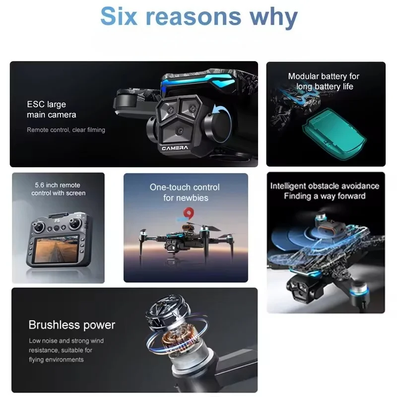 โดรนใหม่พร้อมกล้อง HD 8K หน้าจอขนาดใหญ่ 5.6 นิ้ว หลบหลีกสิ่งกีดขวางอัจฉริยะ ระบบ Brushless Optical Flow ลอยตัวได้ พับเก็บได้ ควอดคอปเตอร์