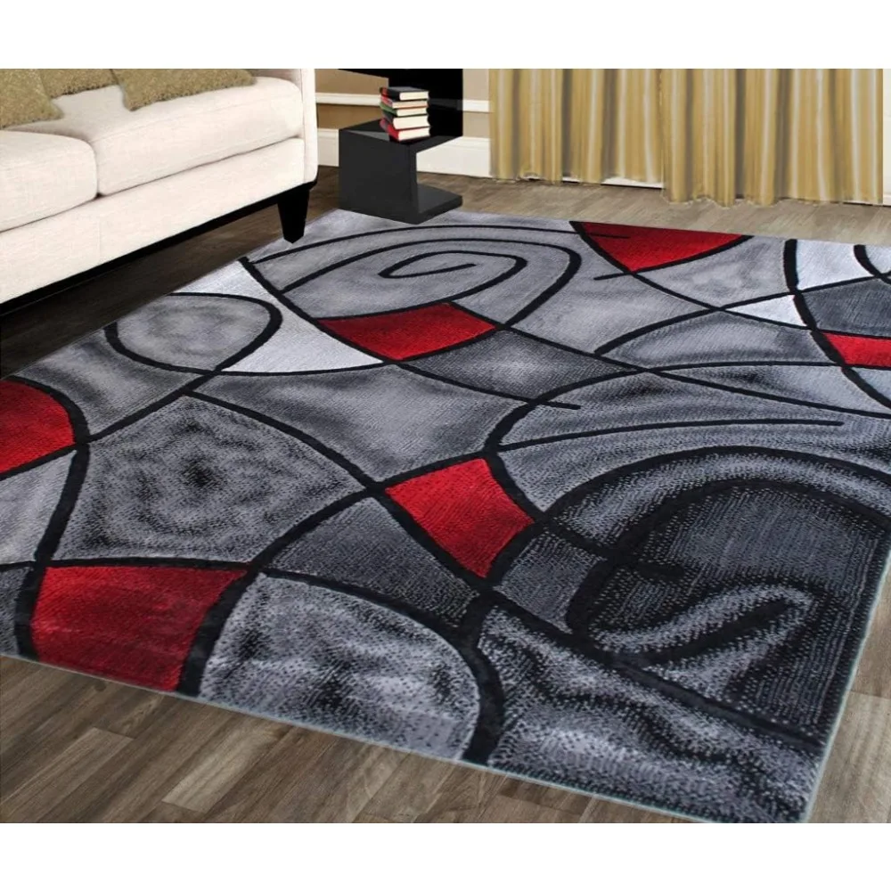 Modern Contemporary Area Rug, Red Grey Black. (8 Feet X 10 Feet)