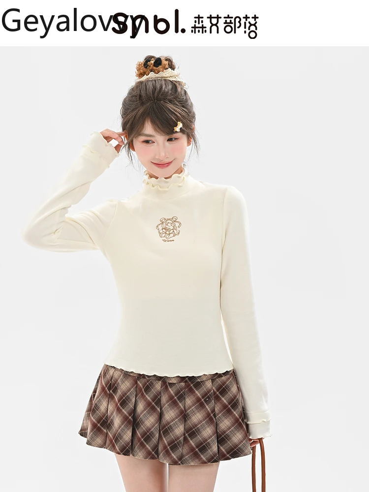 الحلو لطيف نمط بلون المطرزة طويلة الأكمام تي شيرت الخريف الشتاء جديد تنوعا عالية الرقبة قاعدة طبقة القمم للنساء #3