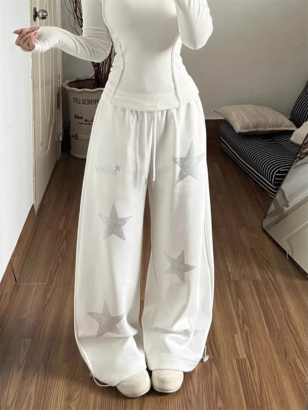 American Hip Hop Star Rhinestone Drawstring Sports Sweatpants Women's Jazz Dance Casual Pants Loose Wide Leg Pants