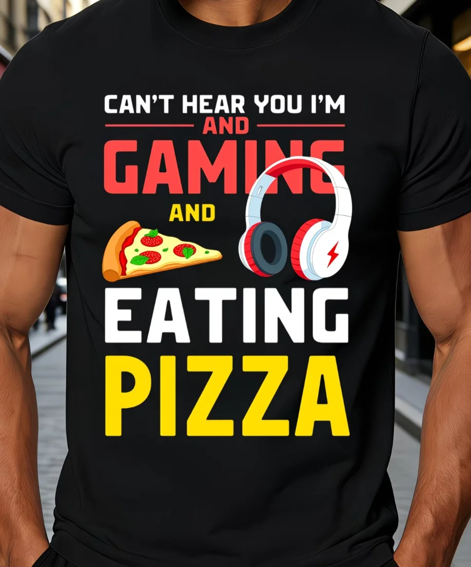 Casual Fun Men's T-Shirt Gaming and Pizza Theme Perfect for Casual Attire and Game Nights Ideal Gift for Gamers and Food Lovers