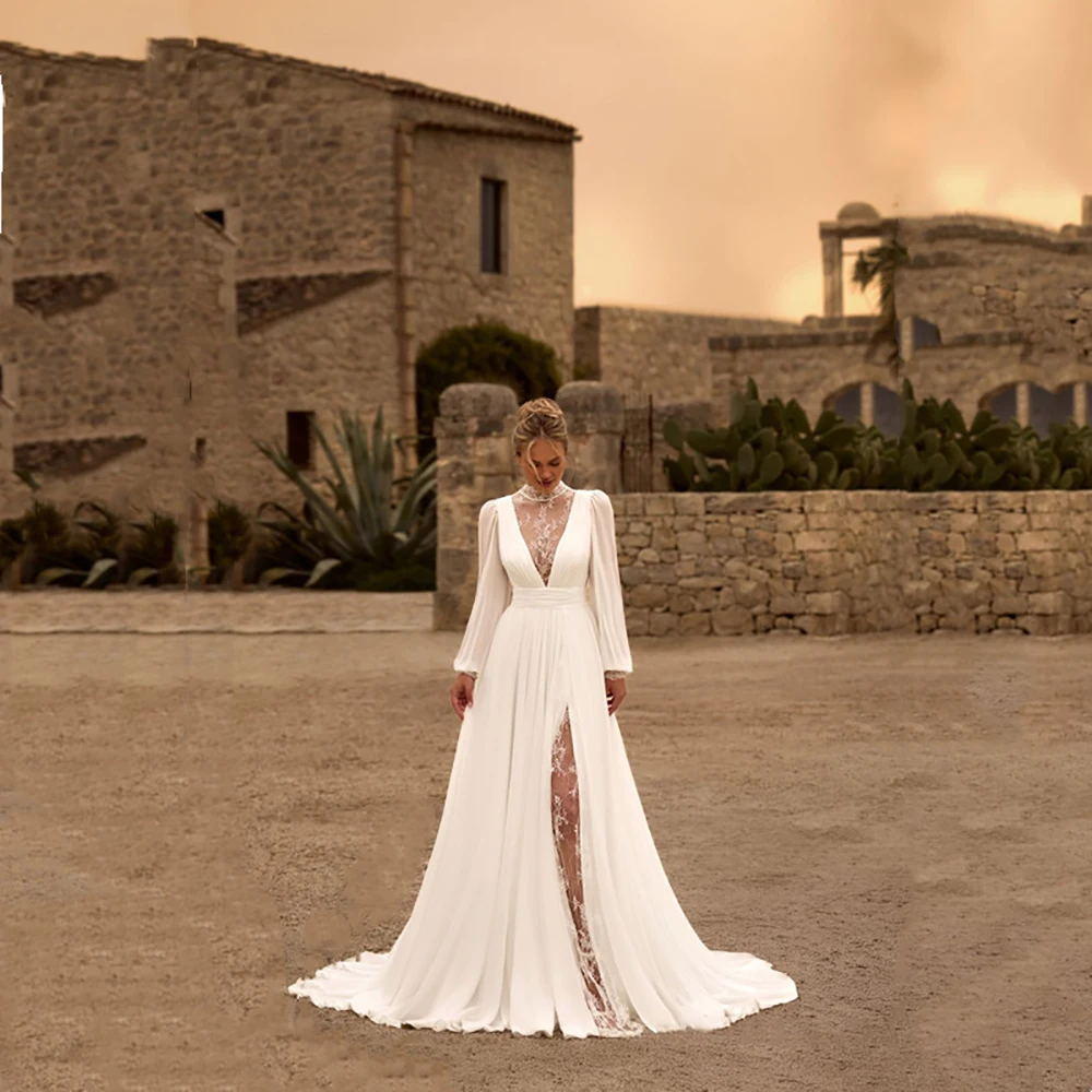 Boho Wedding Dress Long Sleeve Chiffon Lace Deep V High Slit Lace Back Bridal Gown Vintage Train Beach Wedding Dresses for Bride