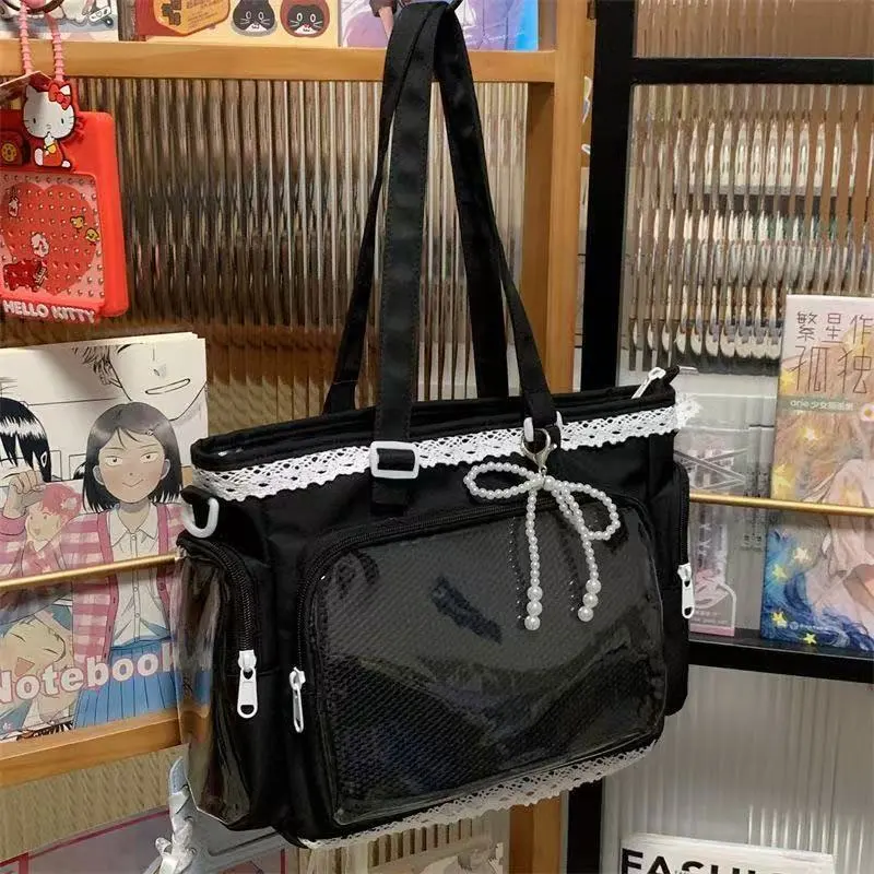 Japanese Anime White Messenger Bag for Women Transparent Lace Decoration Large Capacity Waterproof Tote Bag