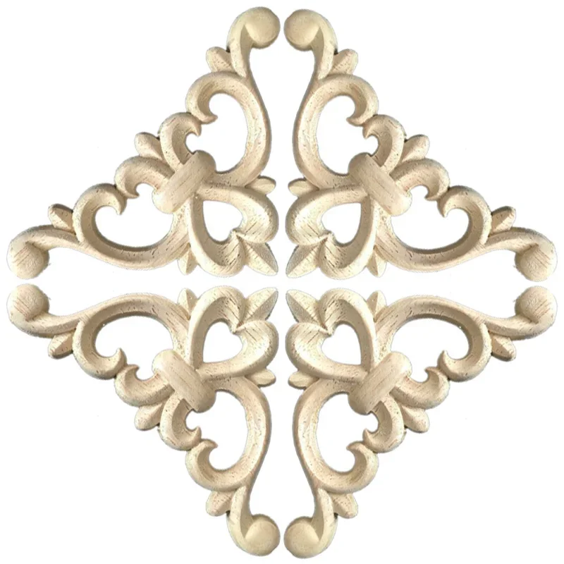 4PCS Carved Unpainted European Exquisite Floral Leaves Rubber Furniture Window Corner Wood Applique Onlay Wood Figurines